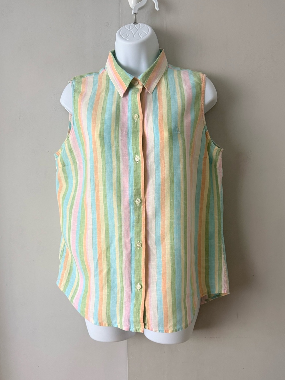Ralph Lauren Sleeveless Button-Front Pastel Stripe Top